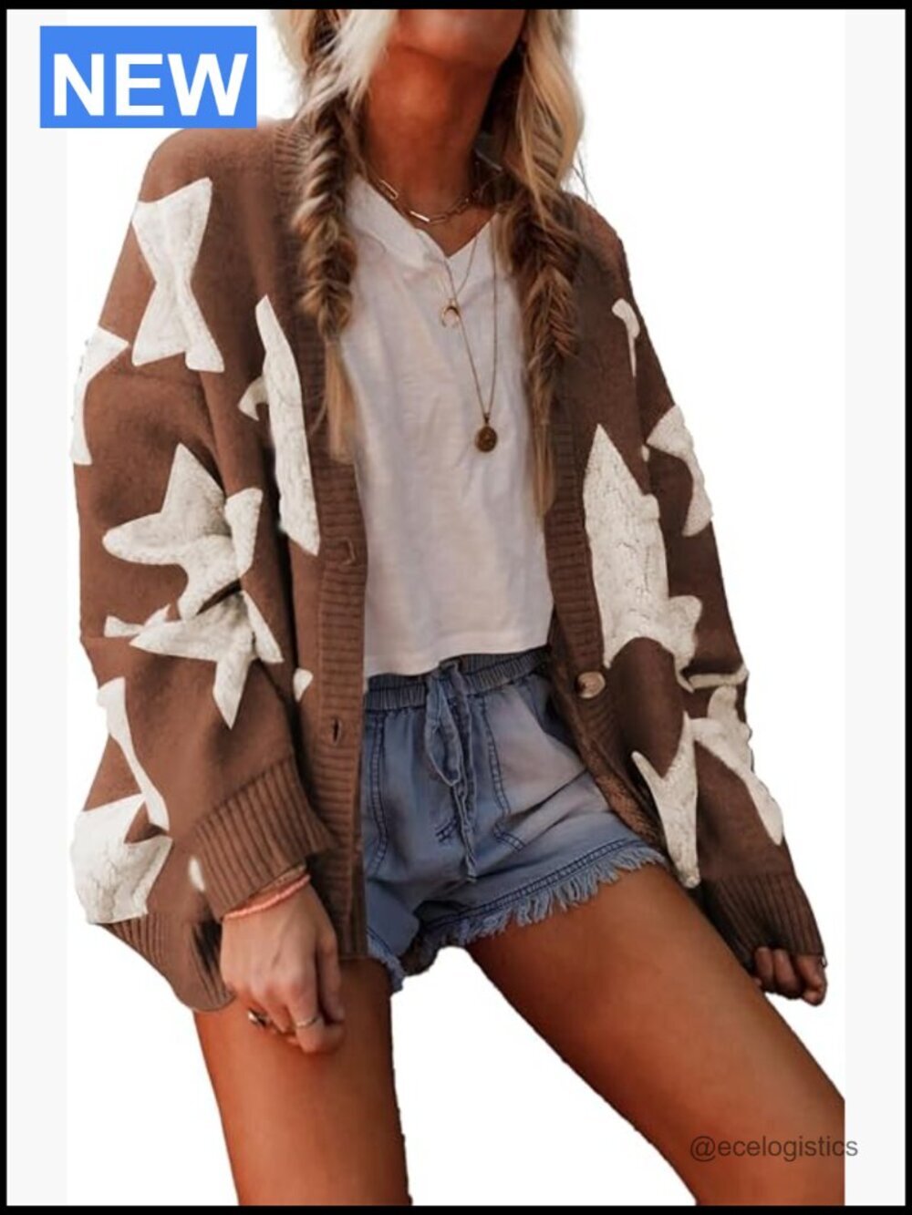 Womens Sherpa Star Pattern Cardigan Sweater with Pockets Casual Knit Coat